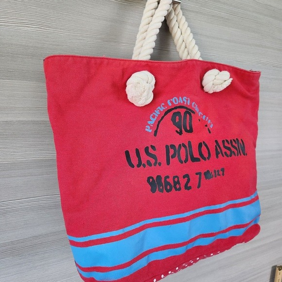 U.S. Polo Assn Cotton Red Logo Rope Handle Beach Shopper Weekend Travel Tote Bag - Picture 3 of 15